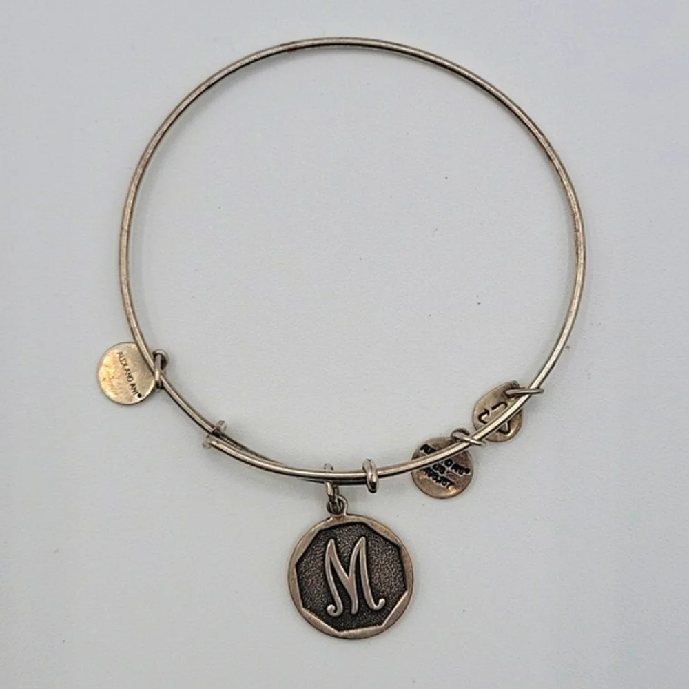 ALEX & ANI Silver Tone Bangle Bracelet M Initial Charm